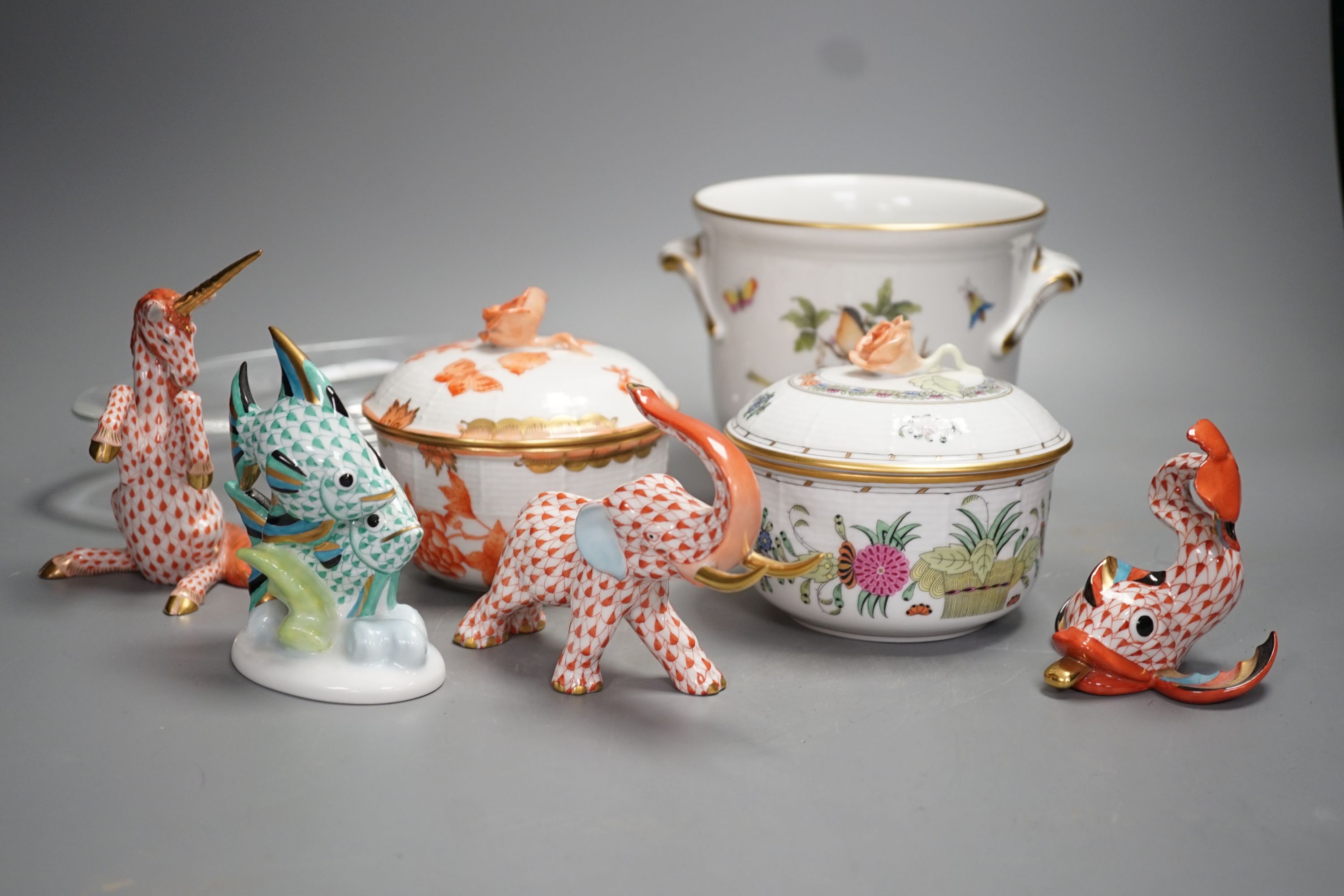 A pair of Herend pots with covers, Herend animal figures, Herend two handled pot, and one Baccarat dish